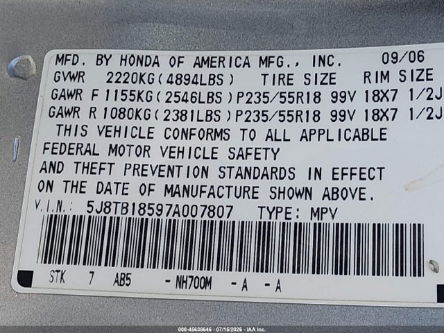 Aukcja sprzedaży 2007 Acura Rdx, vin: 5J8TB18597A007807, numer aukcji: 45638646
