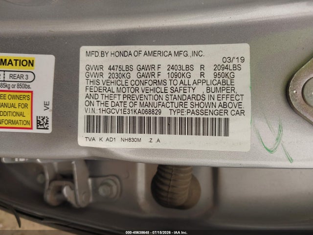 1HGCV1E31KA068829 Honda Accord Sport