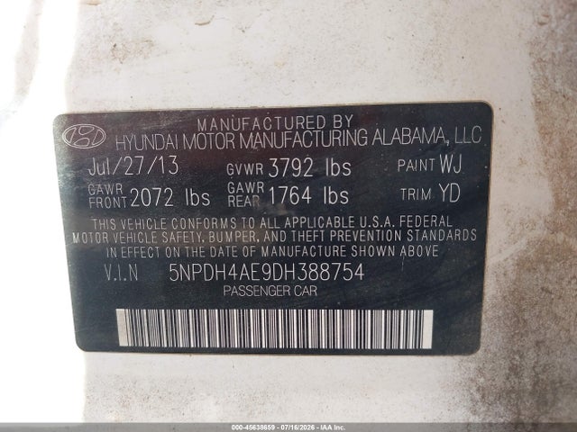 45638659 :رقم المزاد ، 5NPDH4AE9DH388754 vin ، 2013 Hyundai Elantra Limited مزاد بيع