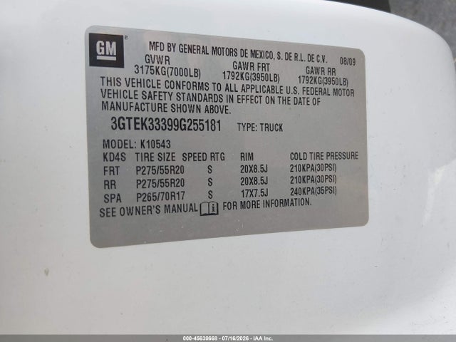 2009 Gmc Sierra 1500 Slt მანქანა იყიდება აუქციონზე, vin: 3GTEK33399G255181, აუქციონის ნომერი: 45638668