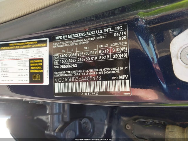 45638669 :رقم المزاد ، 4JGDA5HB3EA405428 vin ، 2014 Mercedes-benz Ml 350 4matic مزاد بيع