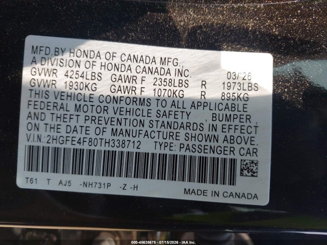 Продаж на аукціоні авто 2026 Honda Civic Hybrid Sport/sport Touring, vin: 2HGFE4F80TH338712, номер лоту: 45638675