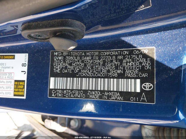 Продаж на аукціоні авто 2010 Toyota Prius Ii, vin: JTDKN3DU0A0017598, номер лоту: 45638683