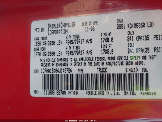 45638696 :رقم المزاد ، 1D7HA16K04J149724 vin ، 2004 Dodge Ram 1500 St مزاد بيع