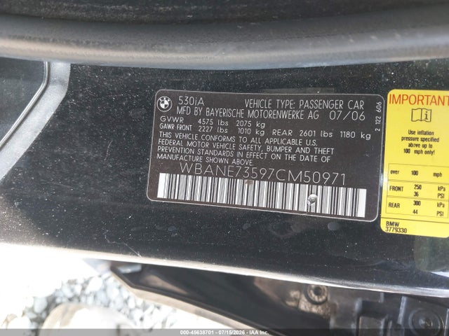 Продажа на аукционе авто 2007 Bmw 530i, vin: WBANE73597CM50971, номер лота: 45638701