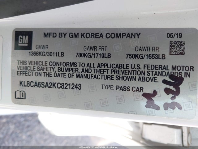 45638703 :رقم المزاد ، KL8CA6SA2KC821243 vin ، 2019 Chevrolet Spark Ls Manual مزاد بيع