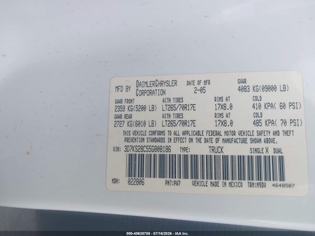 Aukcja sprzedaży 2005 Dodge Ram 2500 Slt/laramie, vin: 3D7KS28C55G808186, numer aukcji: 45638708