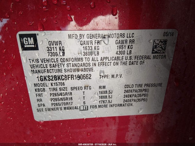 45638709 :رقم المزاد ، 1GKS2BKC8FR190662 vin ، 2015 Gmc Yukon Slt مزاد بيع