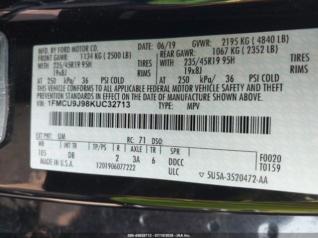 2019 Ford Escape Titanium მანქანა იყიდება აუქციონზე, vin: 1FMCU9J98KUC32713, აუქციონის ნომერი: 45638712