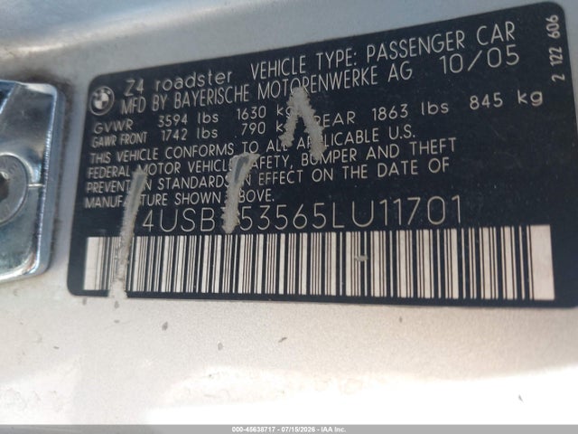 Продаж на аукціоні авто 2005 Bmw Z4 3.0i, vin: 4USBT53565LU11701, номер лоту: 45638717