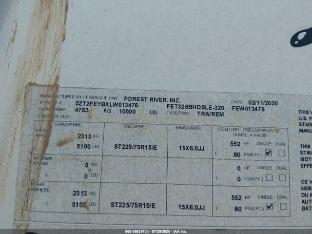 Продаж на аукціоні авто 2020 Forest River Other, vin: 5ZT2FEYBXLW013476, номер лоту: 45638734