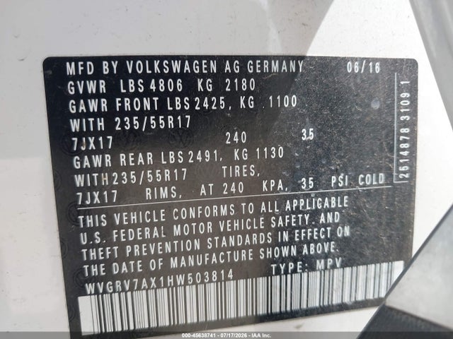Продажа на аукционе авто 2017 Volkswagen Tiguan 2.0t Wolfsburg Edition, vin: WVGRV7AX1HW503814, номер лота: 45638741
