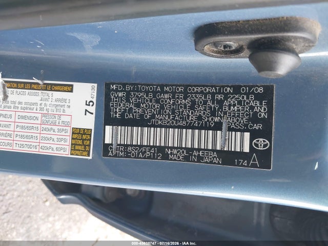 2008 Toyota Prius მანქანა იყიდება აუქციონზე, vin: JTDKB20U487747119, აუქციონის ნომერი: 45638747