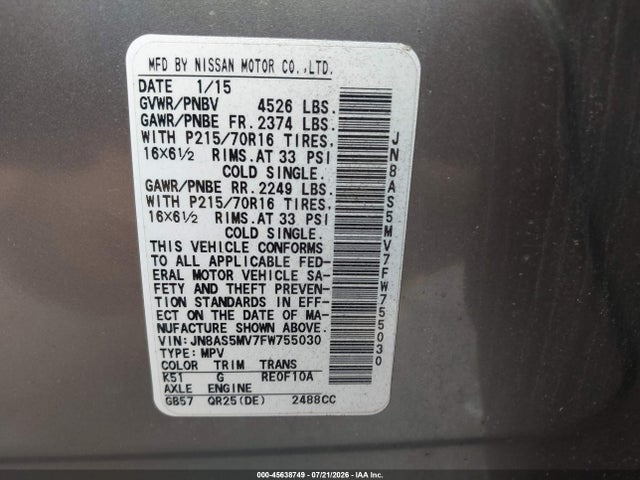 Nissan Rogue Select S 2015 JN8AS5MV7FW755030 Image 9