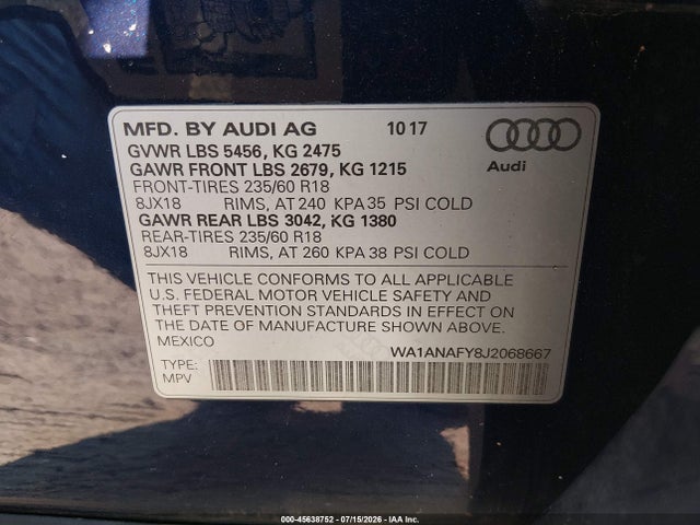 45638752 :رقم المزاد ، WA1ANAFY8J2068667 vin ، 2018 Audi Q5 2.0t Premium/2.0t Tech Premium مزاد بيع