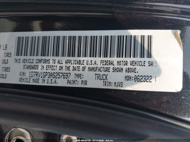 45638759 :رقم المزاد ، 1D7RV1GP3AS257697 vin ، 2010 Dodge Ram 1500 Slt/sport/trx مزاد بيع
