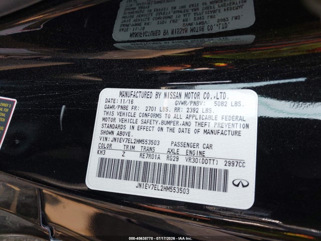 Aukcja sprzedaży 2017 Infiniti Q60 3.0t Sport, vin: JN1EV7EL2HM553503, numer aukcji: 45638770