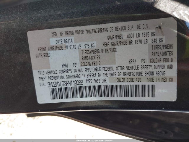 45638796 :رقم المزاد ، 3MZBM1U78FM149088 vin ، 2015 Mazda Mazda3 I Sport مزاد بيع