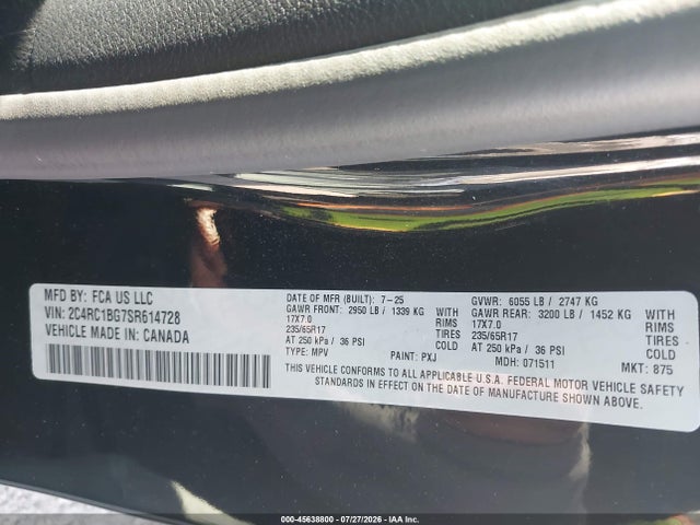 Aukcja sprzedaży 2025 Chrysler Pacifica Select, vin: 2C4RC1BG7SR614728, numer aukcji: 45638800