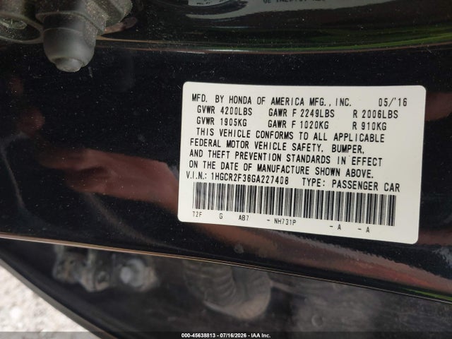 Продаж на аукціоні авто 2016 Honda Accord Lx, vin: 1HGCR2F36GA227408, номер лоту: 45638813