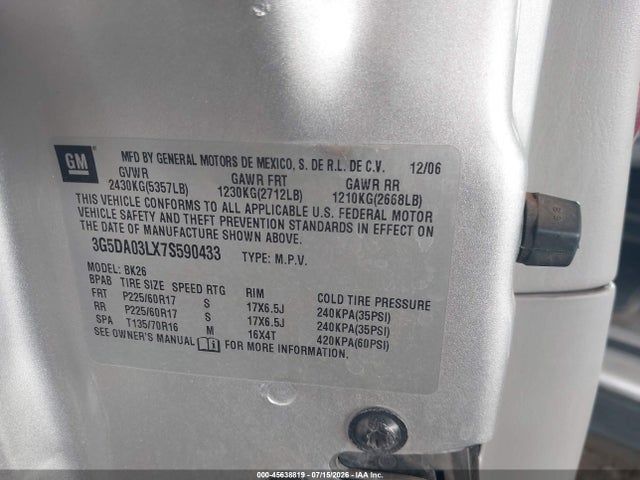 2007 Buick Rendezvous Cx მანქანა იყიდება აუქციონზე, vin: 3G5DA03LX7S590433, აუქციონის ნომერი: 45638819