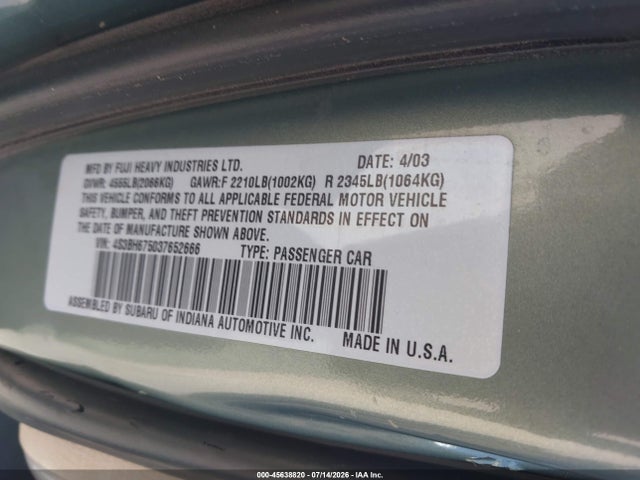 Продаж на аукціоні авто 2003 Subaru Outback, vin: 4S3BH675037652666, номер лоту: 45638820