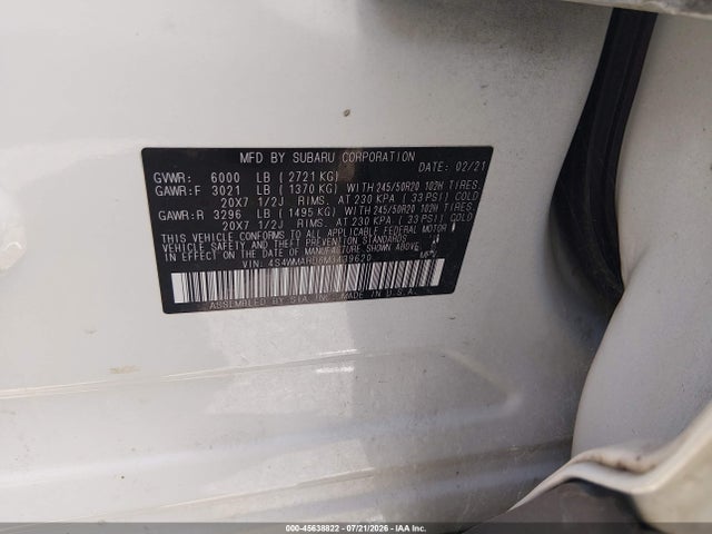 Aukcja sprzedaży 2021 Subaru Ascent Touring, vin: 4S4WMARD6M3439620, numer aukcji: 45638822