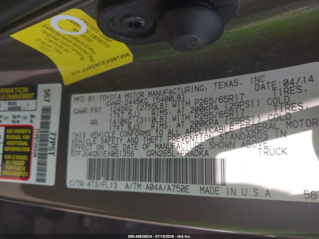 45638824 :رقم المزاد ، 5TFJU4GN1EX061356 vin ، 2014 Toyota Tacoma Prerunner V6 مزاد بيع