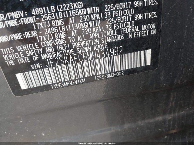 Aukcja sprzedaży 2021 Subaru Forester Premium, vin: JF2SKAFC6MH434992, numer aukcji: 45638828