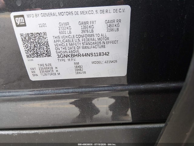 45638835 :رقم المزاد ، 3GNKBHR44NS118342 vin ، 2022 Chevrolet Blazer Awd 2lt مزاد بيع