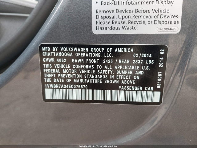 2014 Volkswagen Passat 2.0l Tdi Se მანქანა იყიდება აუქციონზე, vin: 1VWBN7A34EC076870, აუქციონის ნომერი: 45638839