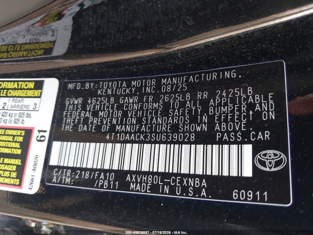 Aukcja sprzedaży 2025 Toyota Camry Le, vin: 4T1DAACK3SU639028, numer aukcji: 45638857