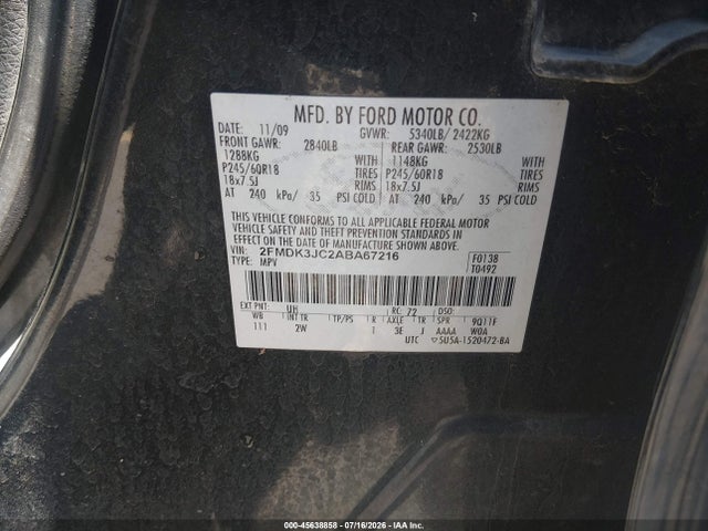 45638858 :رقم المزاد ، 2FMDK3JC2ABA67216 vin ، 2010 Ford Edge Sel مزاد بيع