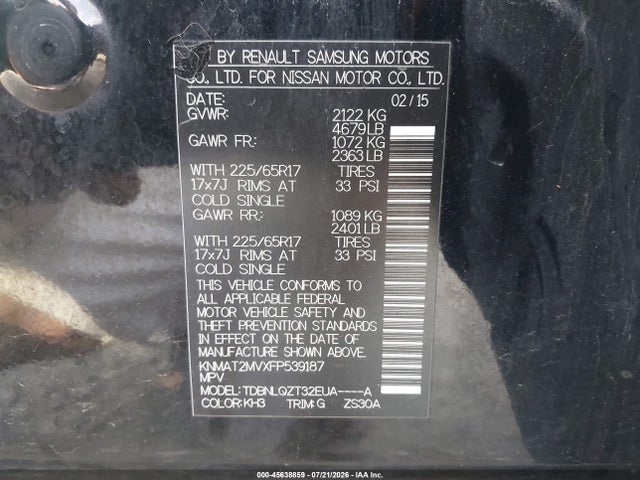45638859 :رقم المزاد ، KNMAT2MVXFP539187 vin ، 2015 Nissan Rogue Sv مزاد بيع