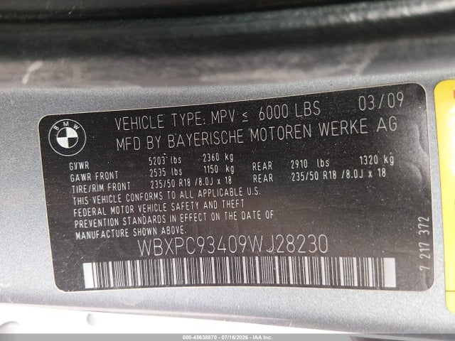 Продаж на аукціоні авто 2009 Bmw X3 Xdrive30i, vin: WBXPC93409WJ28230, номер лоту: 45638870