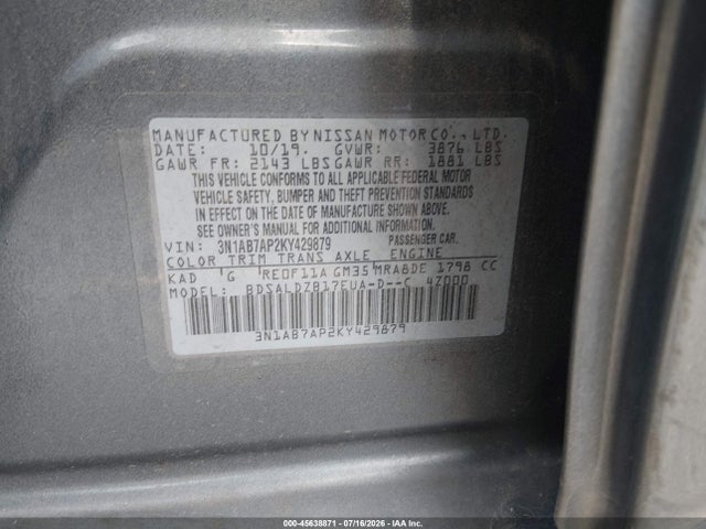 Продажа на аукционе авто 2019 Nissan Sentra Sv, vin: 3N1AB7AP2KY429879, номер лота: 45638871