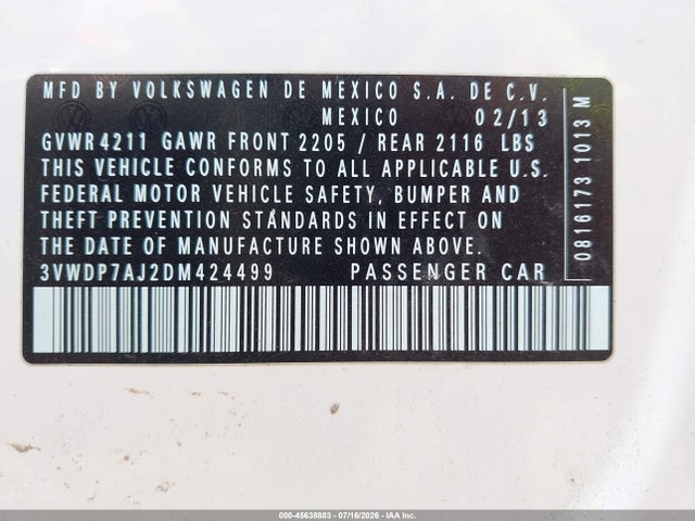 Продаж на аукціоні авто 2013 Volkswagen Jetta 2.5l Se, vin: 3VWDP7AJ2DM424499, номер лоту: 45638883