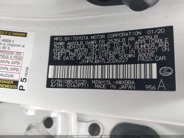 Продаж на аукціоні авто 2020 Lexus Ux 250h, vin: JTHP9JBH7L2026227, номер лоту: 45638884
