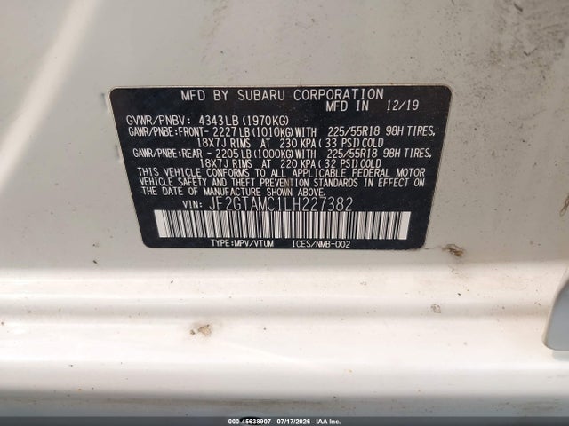 Auction sale of the 2020 Subaru Crosstrek Limited, vin: JF2GTAMC1LH227382, lot number: 45638907