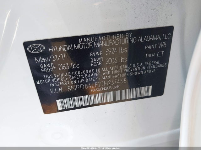 5NPD84LF2JH237465 Hyundai ELANTRA SEL
