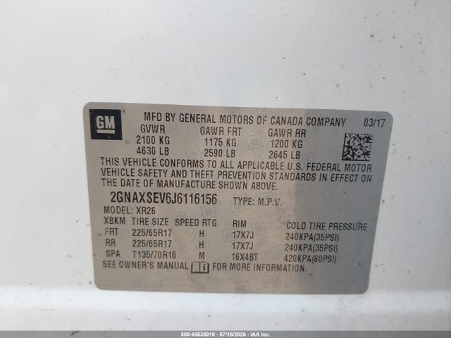2018 Chevrolet Equinox Lt მანქანა იყიდება აუქციონზე, vin: 2GNAXSEV6J6116156, აუქციონის ნომერი: 45638910