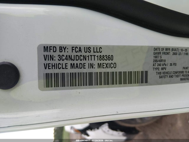 Продажа на аукционе авто 2026 Jeep Compass Limited Altitude, vin: 3C4NJDCN1TT188360, номер лота: 45638917