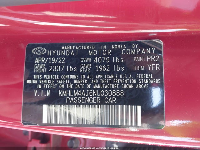 KMHLM4AJ6NU030888 Hyundai Elantra Hybrid Blue