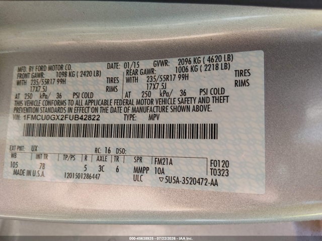 45638925 :رقم المزاد ، 1FMCU0GX2FUB42822 vin ، 2015 Ford Escape Se مزاد بيع