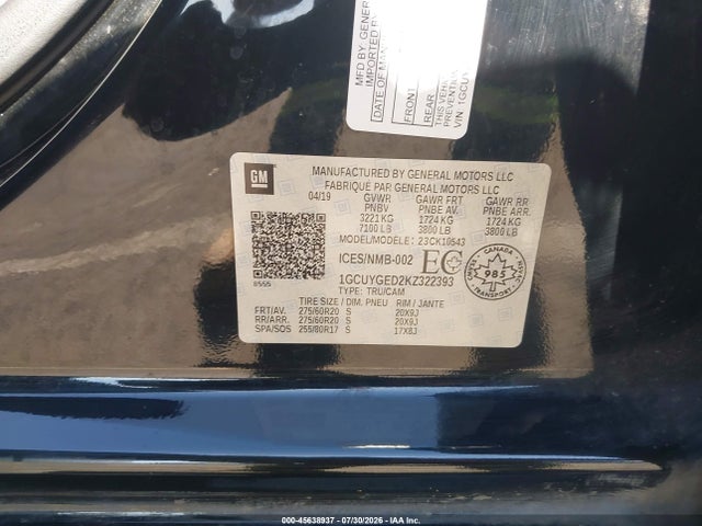 45638937 :رقم المزاد ، 1GCUYGED2KZ322393 vin ، 2019 Chevrolet Silverado 1500 Ltz مزاد بيع