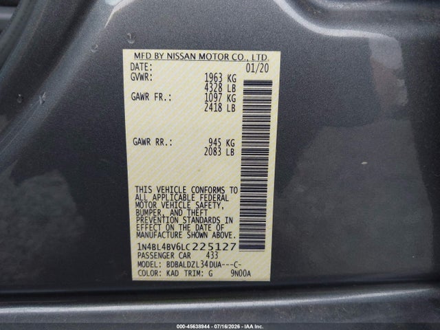 Aukcja sprzedaży 2020 Nissan Altima S Fwd, vin: 1N4BL4BV6LC225127, numer aukcji: 45638944