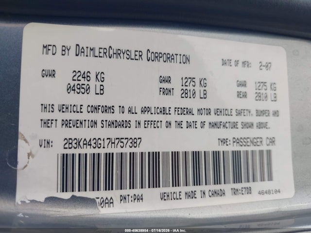 2007 Dodge Charger მანქანა იყიდება აუქციონზე, vin: 2B3KA43G17H757387, აუქციონის ნომერი: 45638954