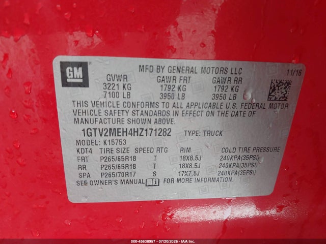 Продаж на аукціоні авто 2017 Gmc Sierra 1500 Sle, vin: 1GTV2MEH4HZ171282, номер лоту: 45638957