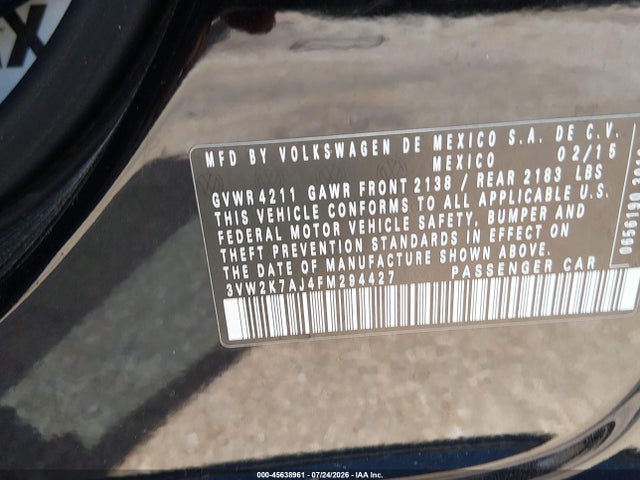 2015 Volkswagen Jetta 2.0l S მანქანა იყიდება აუქციონზე, vin: 3VW2K7AJ4FM294427, აუქციონის ნომერი: 45638961