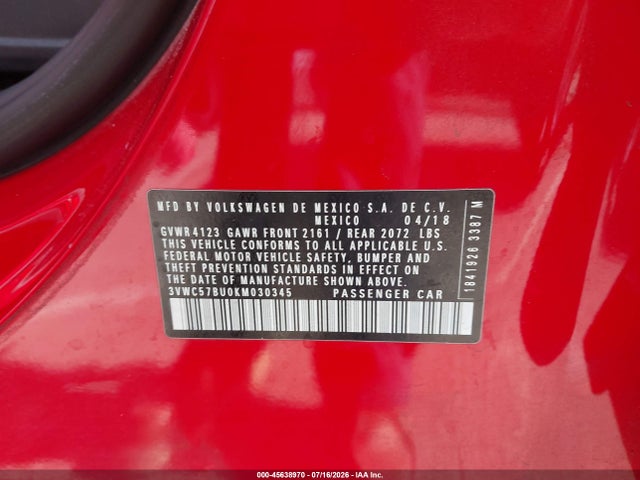 Продажа на аукционе авто 2019 Volkswagen Jetta 1.4t R-line/1.4t S/1.4t Se, vin: 3VWC57BU0KM030345, номер лота: 45638970